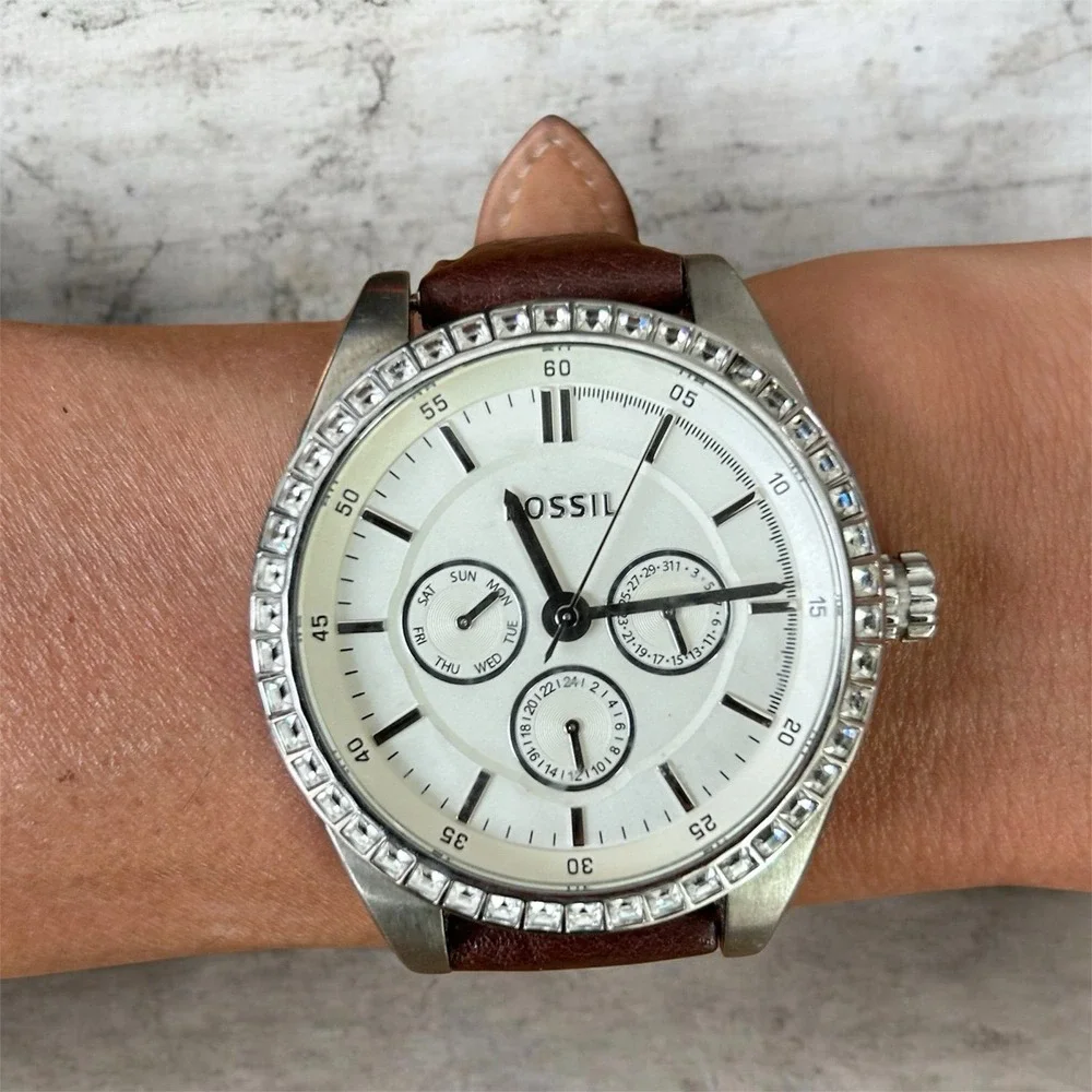 Fossil Caressa BQ3015 Women's 40mm Multifunction Crystal Bezel Leather Watch